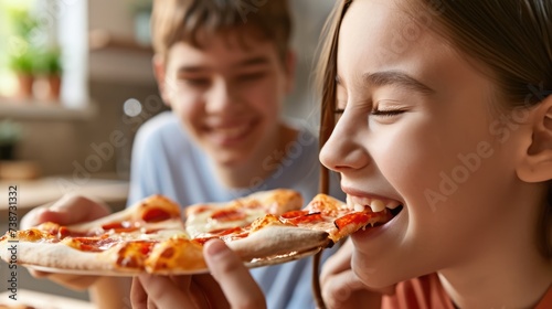 The girl savors every bite of her pizza, her eyes lighting up with delight as she indulges in the cheesy goodness.