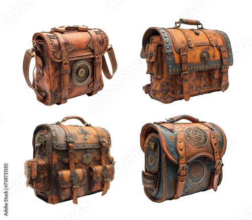 Leather bag, suitcase, briefcase in steampunk style. Steam punk style acessorries concept. Isolated on transparency.	 photo