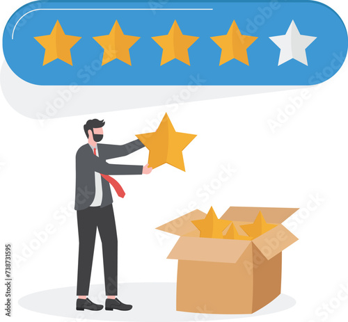 People writing good feedback with gold stars and give review rating online, Customer Organic survey

