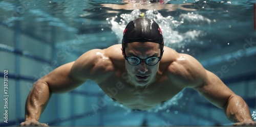 furious male athlete in the pool, portrait in the water. generative ai