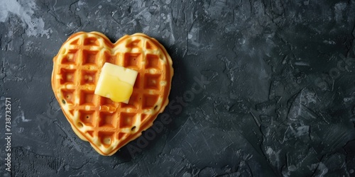 Homemade waffle in the shape of a heart with a piece of butter on a dark background with copy space