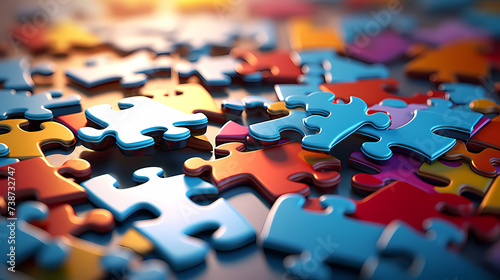 Various colorful puzzle pieces scattered on the background