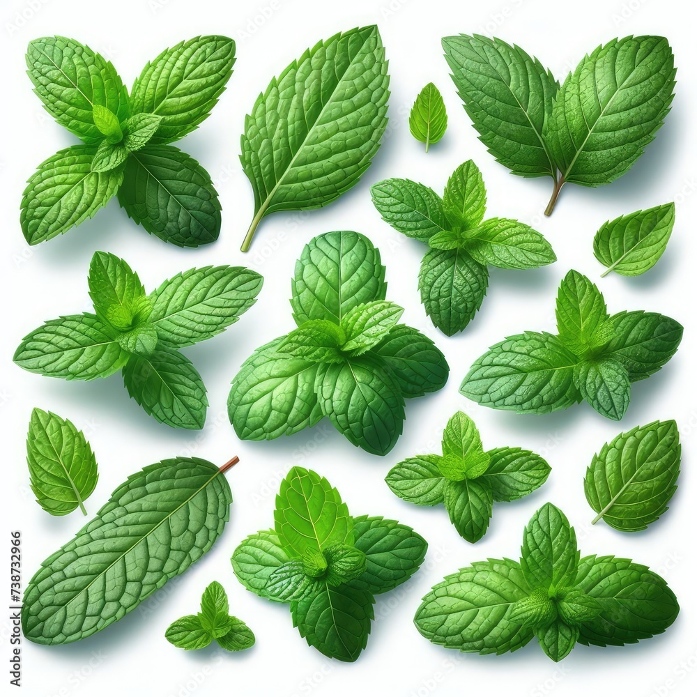 set of green mint leaves isolated on white background set of green mint leaves isolated on white background
