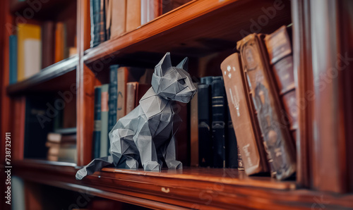 un chat assis en porcelaine noire style géométrique posé sur une étagère de bibliothèque
