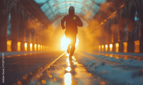 Silhouette of a person jogging in a tunnel with dramatic lighting and a vibrant sunset in the background.