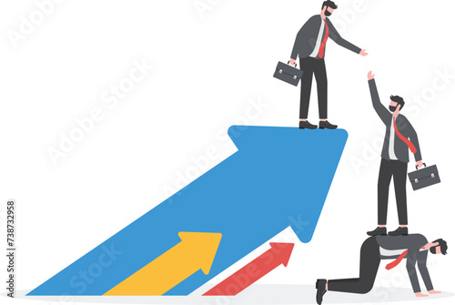 Business mentor, coaching or consult to help success, leadership or support to grow business or career, advice and trust to help improve, businessman mentor help coworker to climb growth arrow chart.
