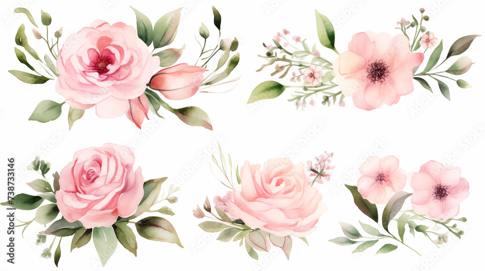 Set watercolor elements of pink roses. Suitable for wedding invitations, greeting cards, frames and bouquets.