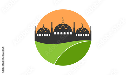 Mosque with green yard and sunset illustration vector