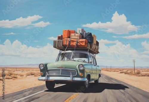 The whimsical illustration depicts a classic retro car cruising down a scenic road, laden with suitcases secured on the roof, as a family embarks on an exciting road trip adventure.