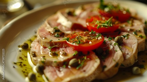 Italian vitello tonnato thinly sliced veal with tuna-caper sauce, served cold as an antipasto