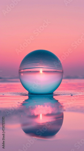 Calm morning minimalist glass sphere capturing the tranquil sunrise