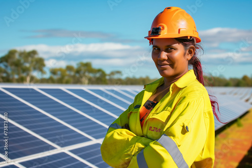 Portrait of an Aboriginal Australian female engineer in a solar power plant