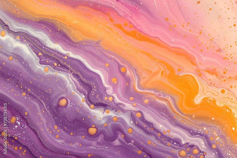 Abstract Liquid Art with Vibrant Purple and Orange Hues, Swirling Patterns, and Golden Speckles Suggesting Creativity and Fluidity