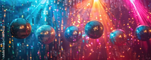 Several disco balls hang against a vibrant backdrop of multicolored lights and festive bokeh effects.