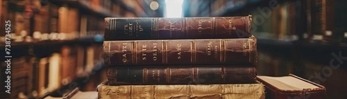 The classic ambiance of a library is enhanced by stacks of weathered antique books with leather bindings resting on a wooden shelf, inviting exploration and discovery.