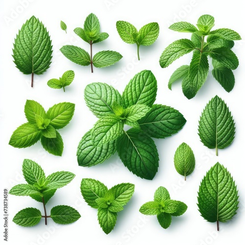 set of green mint leaves isolated on white background