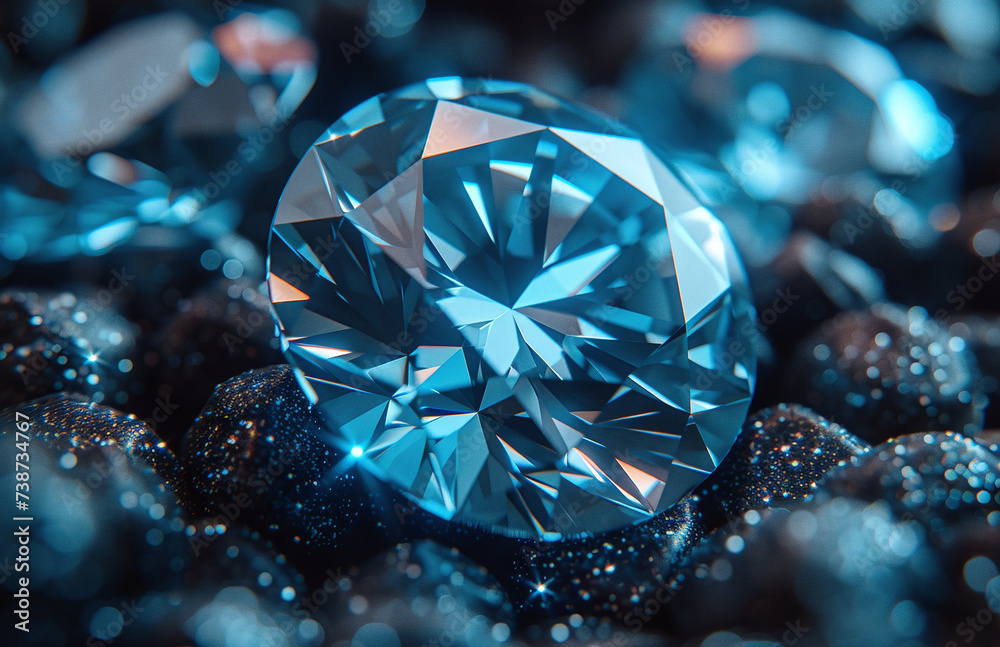 Brilliant blue diamond resting on dark glittering surface, showcasing luxury and wealth. Brilliant blue diamond resting on dark glittering surface, showcasing luxury and wealth.