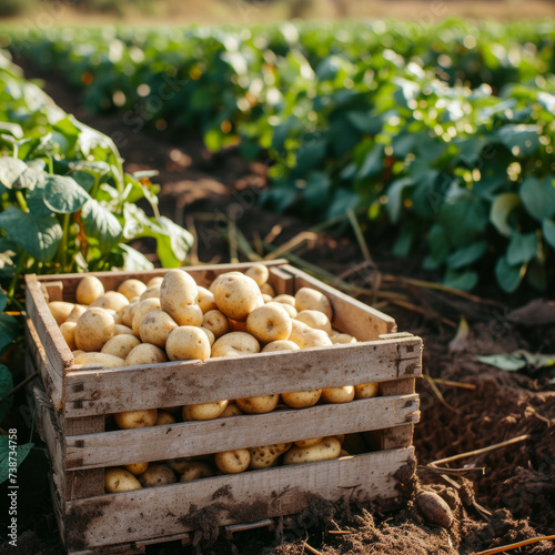 Freshly harvested organic potatoes in a wooden crate on a farm at sunset © Flow_control