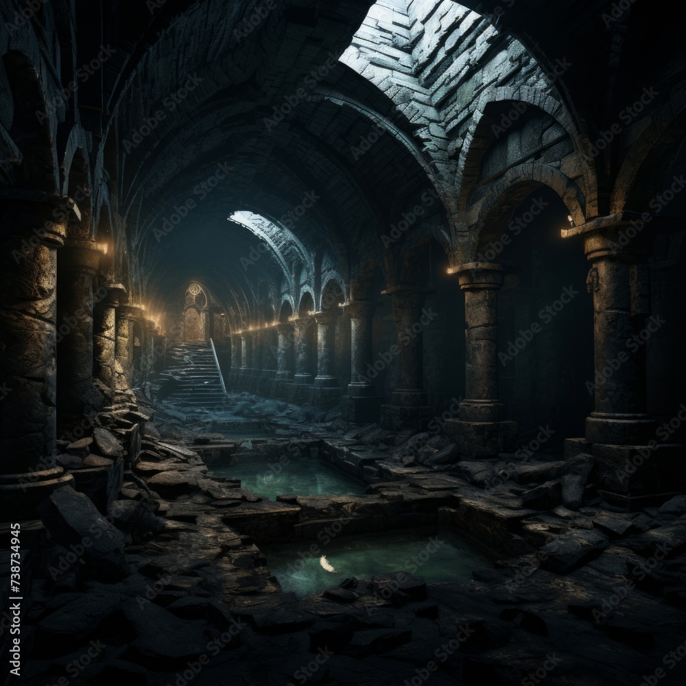 Naklejka premium Scary endless medieval catacombs. Mystical nightmare concept