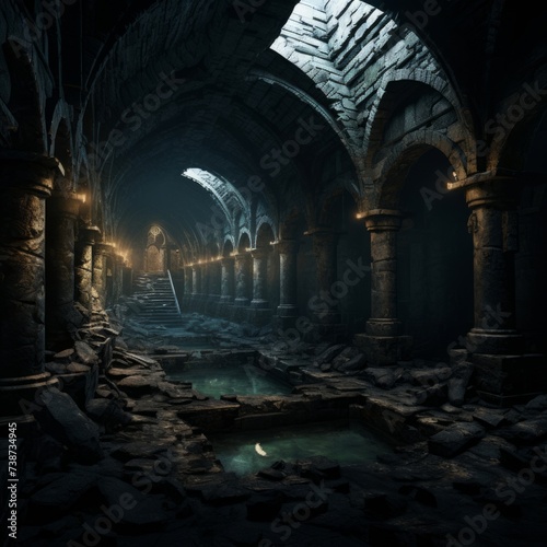 Scary endless medieval catacombs. Mystical nightmare concept