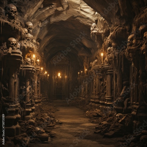 Scary endless medieval catacombs. Mystical nightmare concept