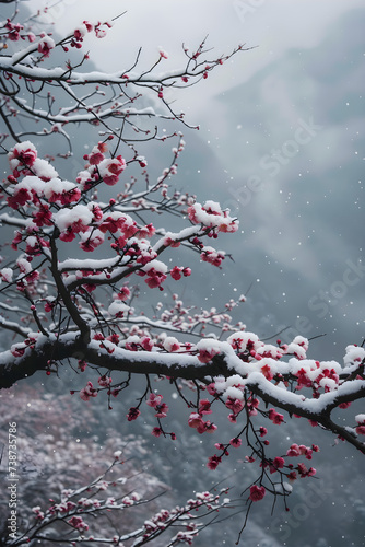 Beautiful natural landscape with pink blooming trees and snow