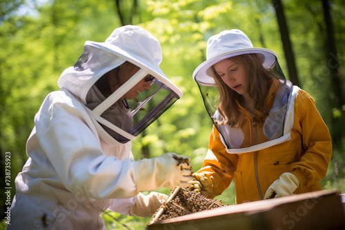 Two beekeepers working in the apiary, collecting honey. Beekeeping concept.