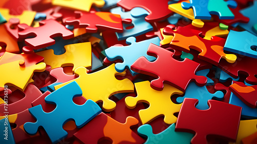 Various colorful puzzle pieces scattered on the background