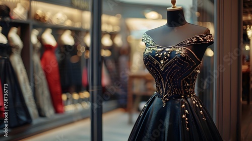 Elegant luxury women's dress on a mannequin in window display in shopping center. Dress for reception or celebration. 