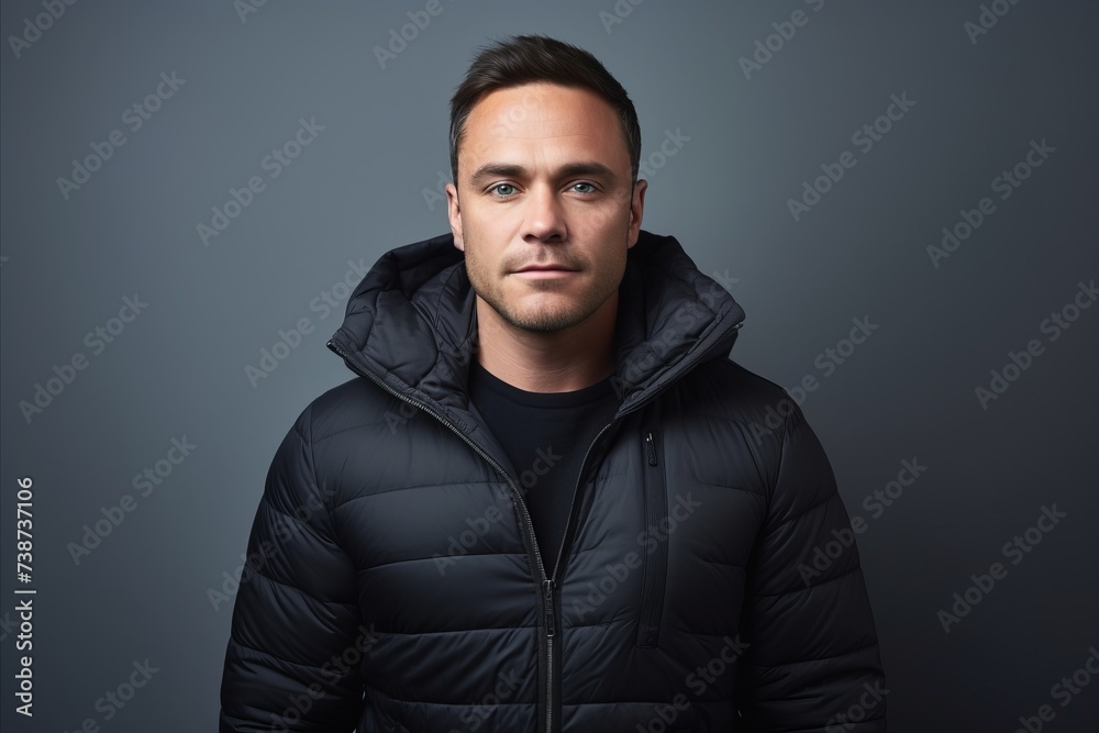 Portrait of a handsome young man in a black down jacket. Portrait of a handsome young man in a black down jacket.