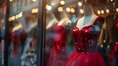 Elegant luxury women's dress on a mannequin in window display in shopping center. Dress for reception or celebration. 