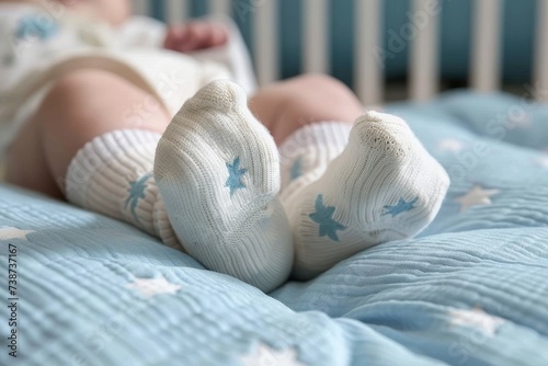 A peaceful slumber in the comfort of soft blankets, a newborn rests soundly on a bed, their tiny feet adorned in pristine white socks photo