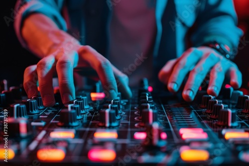 A skilled deejay expertly navigates the complex array of buttons and knobs on the mixing console, creating a symphony of electronic music that pulsates through the crowded indoor space