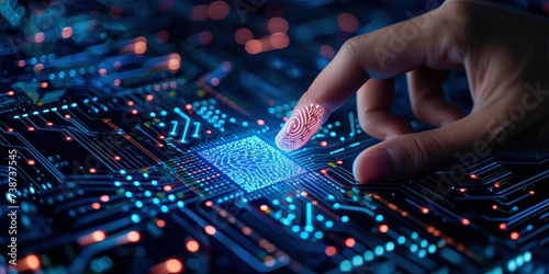 Businessman hand pushing button that has fingerprint technology on computer board 