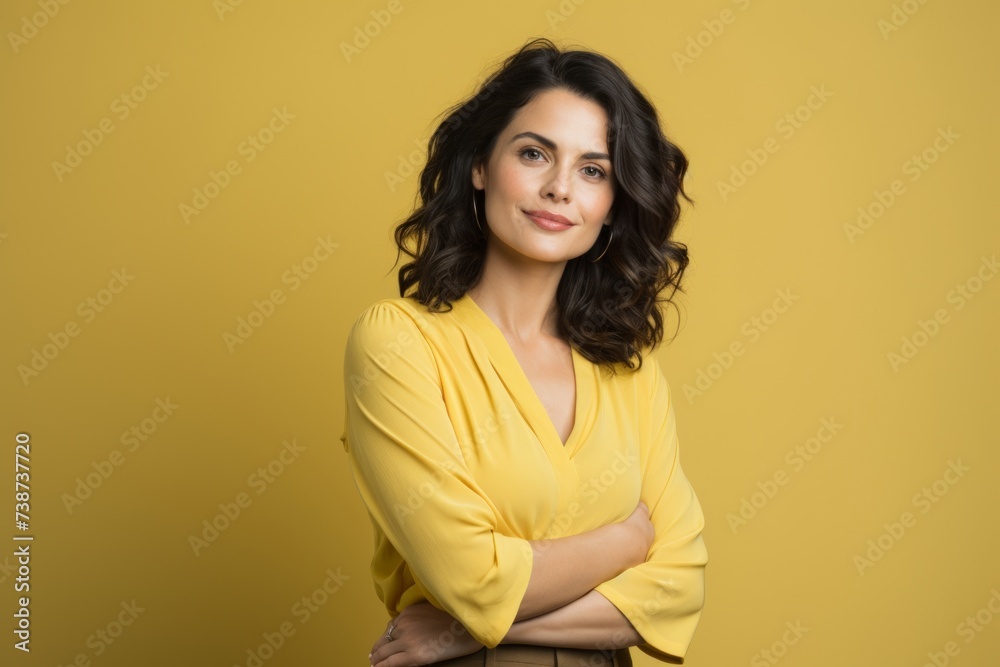 Portrait of a beautiful smiling business woman with crossed arms over yellow background Portrait of a beautiful smiling business woman with crossed arms over yellow background