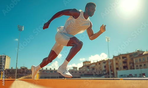 Athlete sprinting on track field with dynamic posture and determination, under bright sunlight.