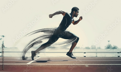 Dynamic image of a male athlete sprinting with motion blur effect, symbolizing speed and determination on a track.