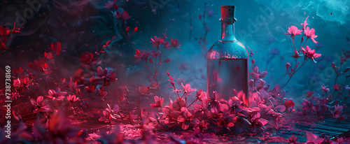 a bottle on a table made of pink flowers in the style photo