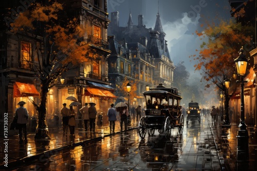 a painting of a city street at night in the rain with horse drawn carriages