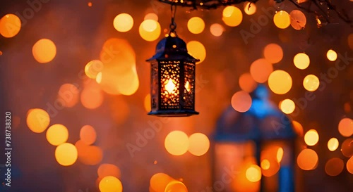 Warm ramadan mubarak islamic kareem lights blur and glow on a city street at night photo