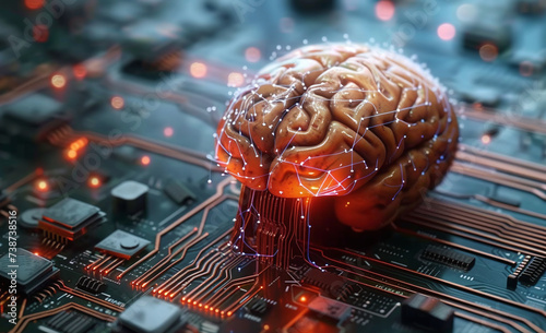 Conceptual image of a human brain on a circuit board, symbolizing artificial intelligence and advanced technology.