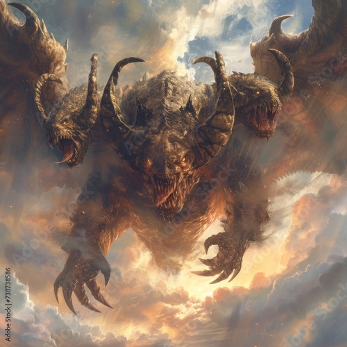 The mythical creature Chimera in Greek mythology with three extremely scary heads