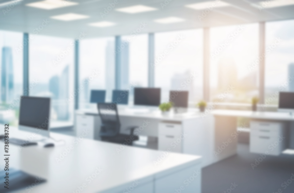 Fototapeta premium Blurred empty modern office. Defocused abstract light bokeh business eco open space interior background design. Corporate strategy, finance, operations, marketing. Tables with computers blur focus