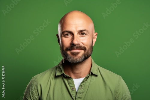 Portrait of a bald man with a beard on a green background
