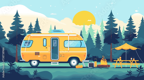 Camping scene.calm and leisurely, possibly representing a getaway into nature or a tranquil vacation spot.