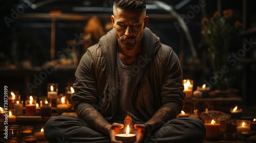 A Man Meditating with a Mat and a Candle