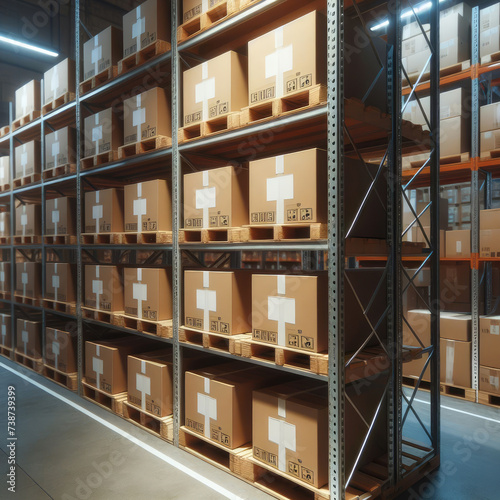 A warehouse with straight rows of metal shelving on which boxes of goods are placed on wooden pallets