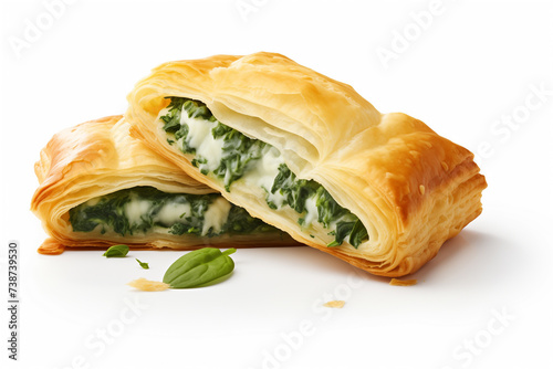 Puff pastry pie with spinach and cheese. Delicious snack on a white background © Olivia