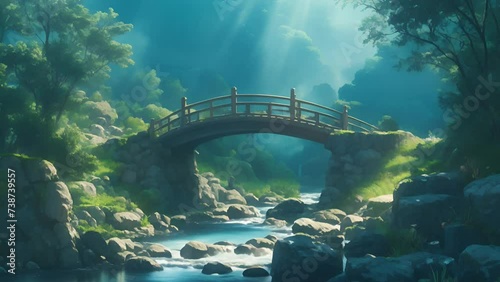 Dappled Sunlight Through Fresh Greenery, Wooden Bridge Over a Peaceful Stream - Anime-Style Watercolor Illustration Loop Video photo