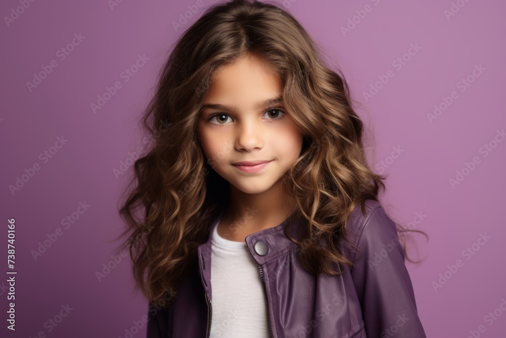 Portrait of a beautiful little girl with long curly hair on a purple background. Portrait of a beautiful little girl with long curly hair on a purple background.